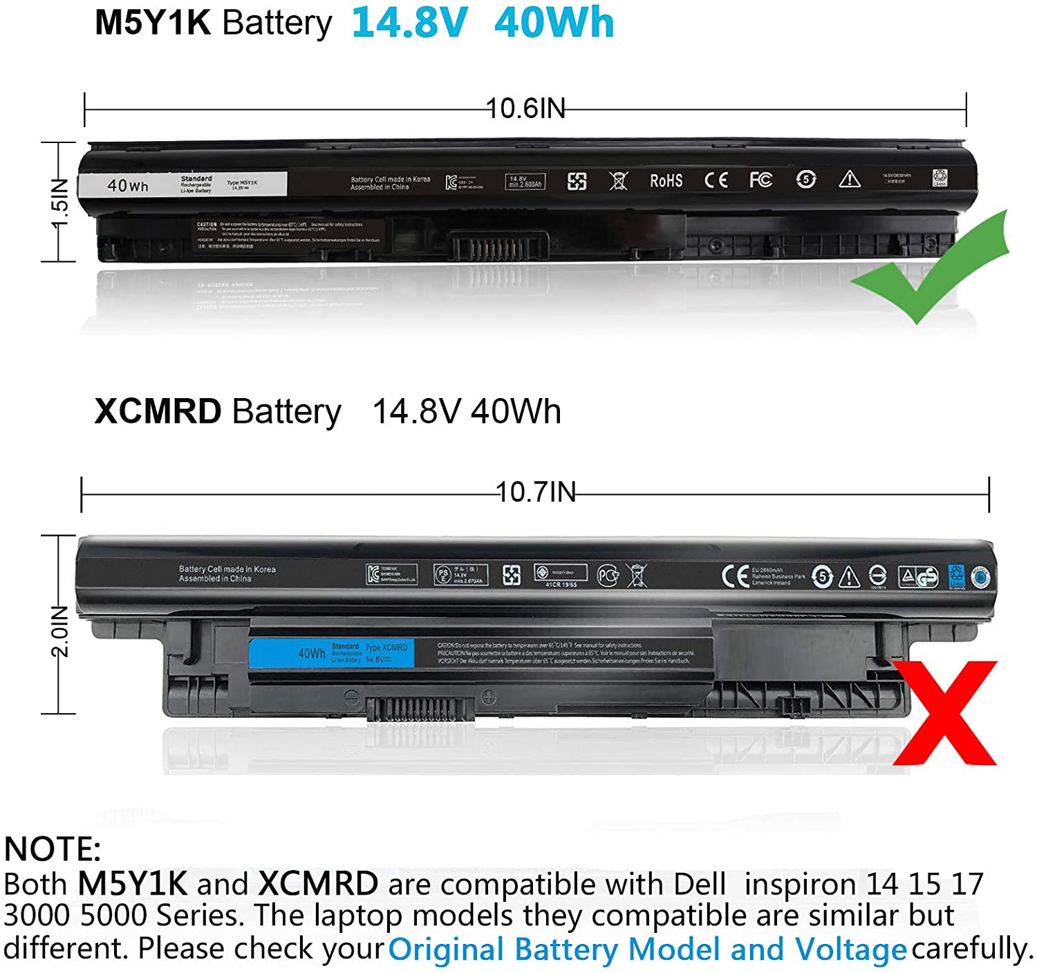 M5Y1K Laptop Battery Compatible with Dell Inspiron 40Wh 14.8V