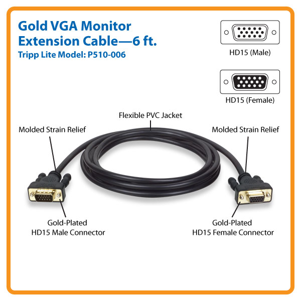 Tripp Lite 6ft VGA Monitor Extension Gold Cable Shielded HD15 MF 6'